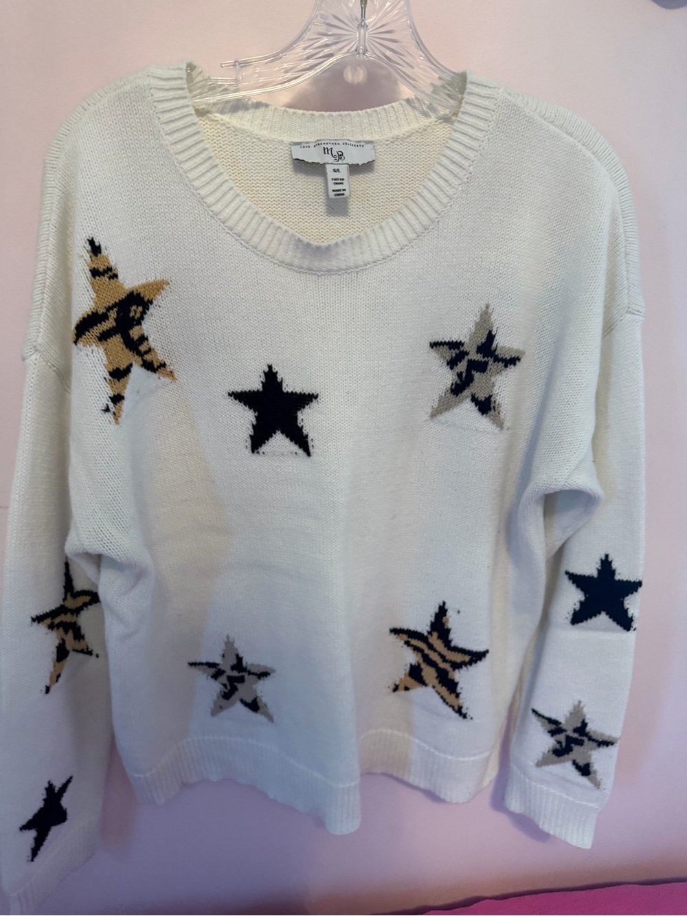 Tribal Cream Crewneck Sweater with Black and Tan Star Motifs